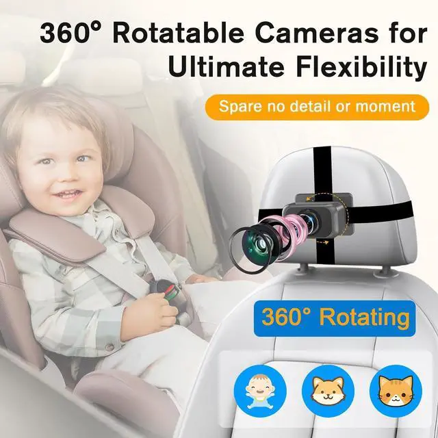 Alt view image 2 of 7 - Baby Car Camera for 2 Kids - 7-Inch Split-Screen Monitor, Dual HD 1080P Cameras, Night Vision, 360° Rotatable, Easy Install Backseat Camera for Safety & Convenience - Perfect for Twins or Siblings