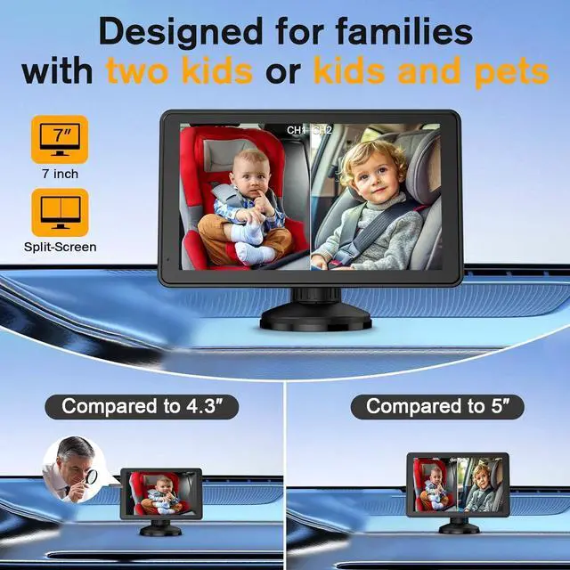 Alt view image 4 of 7 - Baby Car Camera for 2 Kids - 7-Inch Split-Screen Monitor, Dual HD 1080P Cameras, Night Vision, 360° Rotatable, Easy Install Backseat Camera for Safety & Convenience - Perfect for Twins or Siblings