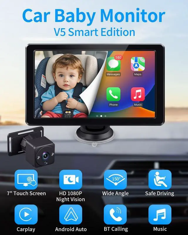 Alt view image 2 of 7 - HD Touchscreen Baby Car Camera - Car Baby Monitor with  CarPlay, 1080p Ultra Night Vision, Invisible Infrared Lights, 150° Wide Angle, Easy Installation, Fits Most Cars