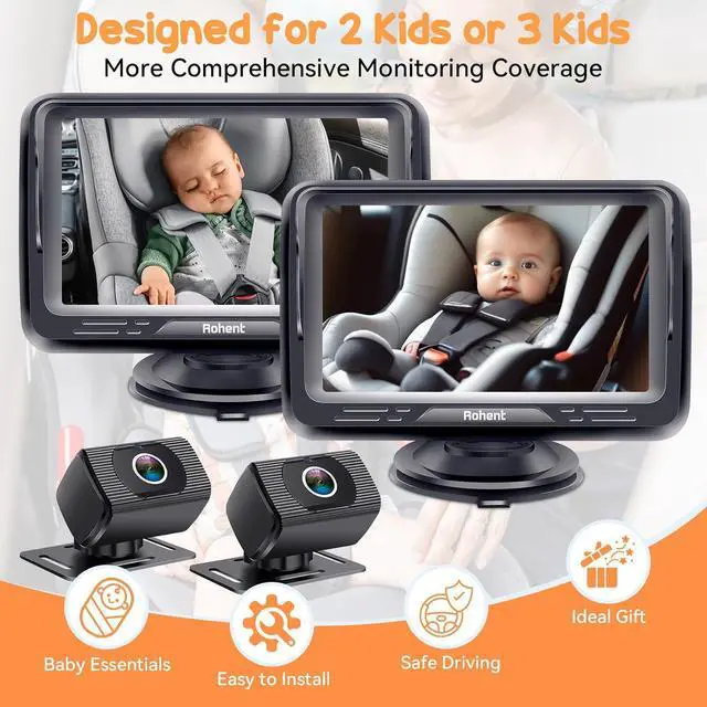 Alt view image 5 of 7 - Baby Car Camera 2-Pack - Dual HD 1080P Monitors with Night Vision, Adjustable Angles, Glare-Free Display, Easy Installation for Two Kids, Ideal for Road Trips