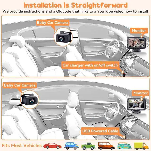 Alt view image 6 of 7 - Baby Car Camera 2-Pack - Dual HD 1080P Monitors with Night Vision, Adjustable Angles, Glare-Free Display, Easy Installation for Two Kids, Ideal for Road Trips