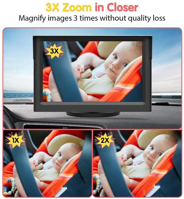 Alt view image 3 of 6 - BM1 Baby Car Camera, 5'' 1080P Mirror Monitor with IR Night Vision, 3X Zoom in Closer, Full Crystal Clear View for Back Seat Rear Facing, 5 Mins Easy Installation Wired