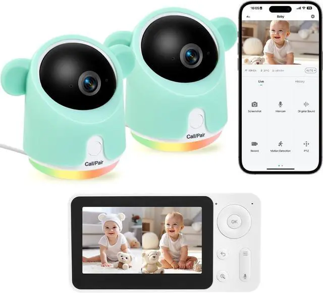 Main image of Baby Monitor with Camera and Audio, Split-Screen 1080P 2 Baby Cameras Lullabies WiFi Smartphone App Control Night Vision 4.3 Screen 2-Way Talk Temp&Humidity Sensor Motion & Cry Detection iOS/Android