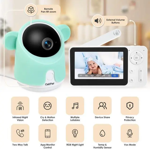 Alt view image 2 of 7 - Baby Monitor with Camera and Audio, Split-Screen 1080P 2 Baby Cameras Lullabies WiFi Smartphone App Control Night Vision 4.3 Screen 2-Way Talk Temp&Humidity Sensor Motion & Cry Detection iOS/Android