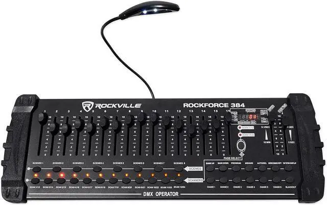 Main image of ROCKFORCE 384 Channel DMX Lighting Controller, MIDI Control, 30 Scene Banks, 6 Chases, LED Display, for DJs and Stage Lighting