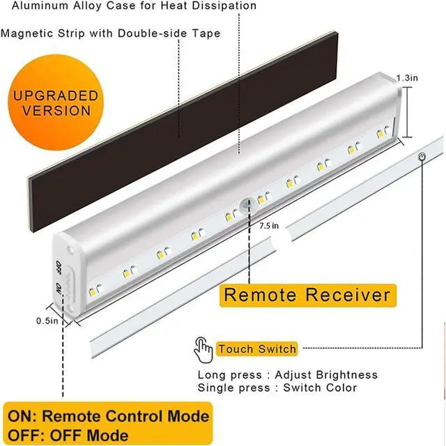 Alt view image 3 of 7 - Remote Control Under Cabinet Lighting Wireless 6 Pack, 20-LED Dimmable Closet Lights Rechargeable Under Counter Light, Stick on Touch Night Light Strip Bar for Kitchen Stairway Bedroom, 3 Colors