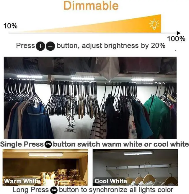 Alt view image 5 of 7 - Remote Control Under Cabinet Lighting Wireless 6 Pack, 20-LED Dimmable Closet Lights Rechargeable Under Counter Light, Stick on Touch Night Light Strip Bar for Kitchen Stairway Bedroom, 3 Colors