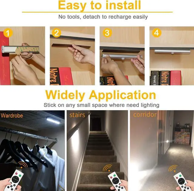 Alt view image 6 of 7 - Remote Control Under Cabinet Lighting Wireless 6 Pack, 20-LED Dimmable Closet Lights Rechargeable Under Counter Light, Stick on Touch Night Light Strip Bar for Kitchen Stairway Bedroom, 3 Colors