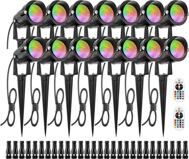 Main image of 12W RGB Low Voltage Landscape Lighting Remote Control Color Changing Landscape Lights, Waterproof LED Outdoor Spotlight for Garden Pathway House Christmas Decor, 14 Pack with Connector