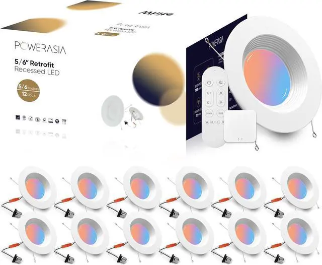 Main image of 12 Pack 5/6 Inch LED Can Lights Retrofit RGB Recessed Lighting, 12W 1200LM Smart LED Recessed Lights, 2700K-6000K Color Changing Compatible with Alexa/Google Assistant/Siri, Hub INCL