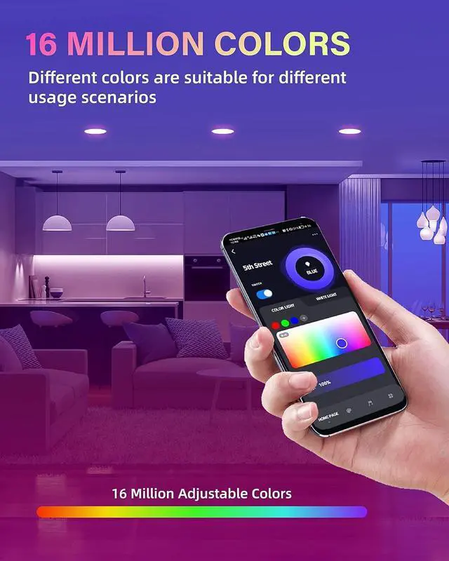 Alt view image 6 of 7 - 12 Pack 5/6 Inch LED Can Lights Retrofit RGB Recessed Lighting, 12W 1200LM Smart LED Recessed Lights, 2700K-6000K Color Changing Compatible with Alexa/Google Assistant/Siri, Hub INCL