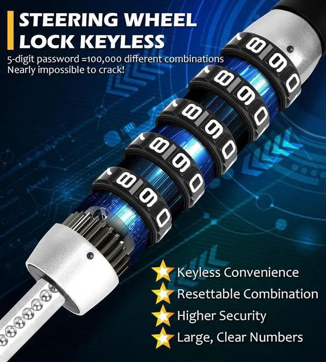 Alt view image 3 of 6 - Steering Wheel Lock, Car Lock Anti Theft Keyless Extendable Retractable Password 5 Coded Combination Lock, Heavy Duty Universal Fit (Black)