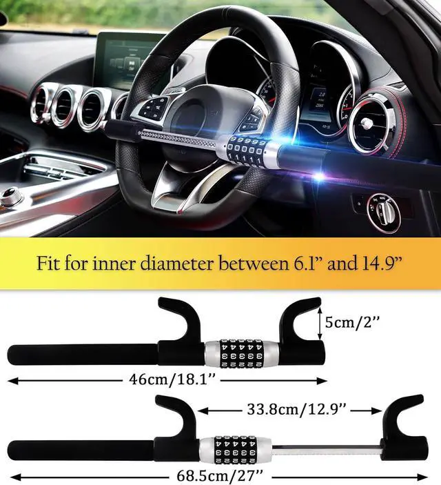 Alt view image 5 of 6 - Steering Wheel Lock, Car Lock Anti Theft Keyless Extendable Retractable Password 5 Coded Combination Lock, Heavy Duty Universal Fit (Black)
