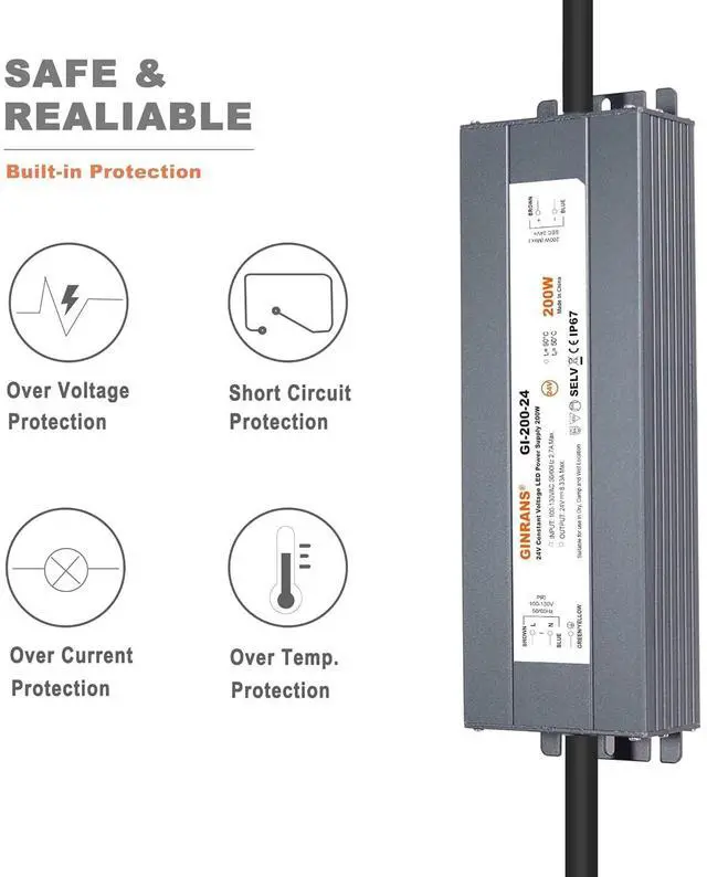 Alt view image 3 of 7 - 200W IP67 Waterproof LED Power Supply, Universal Input AC100-130VAC with Plug, 24V DC 8.33A Max. Constant Voltage Output LED Transformer Driver for Outdoor LED Lights