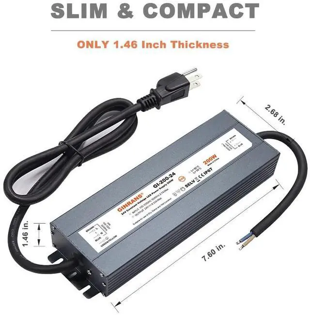 Alt view image 5 of 7 - 200W IP67 Waterproof LED Power Supply, Universal Input AC100-130VAC with Plug, 24V DC 8.33A Max. Constant Voltage Output LED Transformer Driver for Outdoor LED Lights