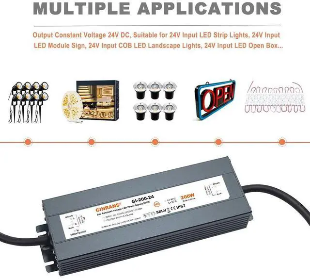 Alt view image 7 of 7 - 200W IP67 Waterproof LED Power Supply, Universal Input AC100-130VAC with Plug, 24V DC 8.33A Max. Constant Voltage Output LED Transformer Driver for Outdoor LED Lights