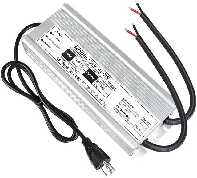 Main image of LED Driver 400 Watts Waterproof IP67 Power Supply Transformer, 90-140V AC to 24V DC Low Voltage Output, Adapter with 3-Prong Plug 3.3 Feet Cable for Outdoor Use, Computer Project