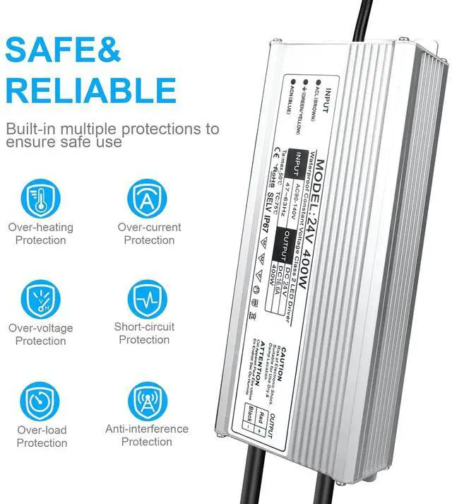 Alt view image 2 of 7 - LED Driver 400 Watts Waterproof IP67 Power Supply Transformer, 90-140V AC to 24V DC Low Voltage Output, Adapter with 3-Prong Plug 3.3 Feet Cable for Outdoor Use, Computer Project