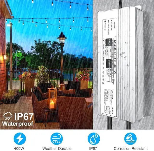 Alt view image 4 of 7 - LED Driver 400 Watts Waterproof IP67 Power Supply Transformer, 90-140V AC to 24V DC Low Voltage Output, Adapter with 3-Prong Plug 3.3 Feet Cable for Outdoor Use, Computer Project