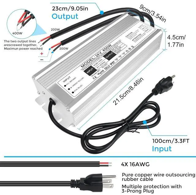 Alt view image 3 of 7 - LED Driver 400 Watts Waterproof IP67 Power Supply Transformer, 90-140V AC to 24V DC Low Voltage Output, Adapter with 3-Prong Plug 3.3 Feet Cable for Outdoor Use, Computer Project
