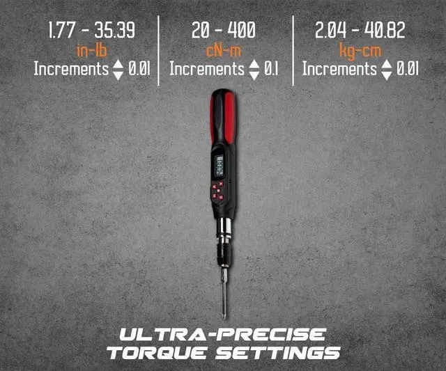 Alt view image 3 of 7 - Digital Torque Screwdriver 1.77-35.39 in-lbs (20-400 cN-m / 2.04-40.82 kg-cm) Torque Range, Accurate to ±2% Dual Direction, LED and Buzzer Notification, Preset Memory (SPN-T4BN)