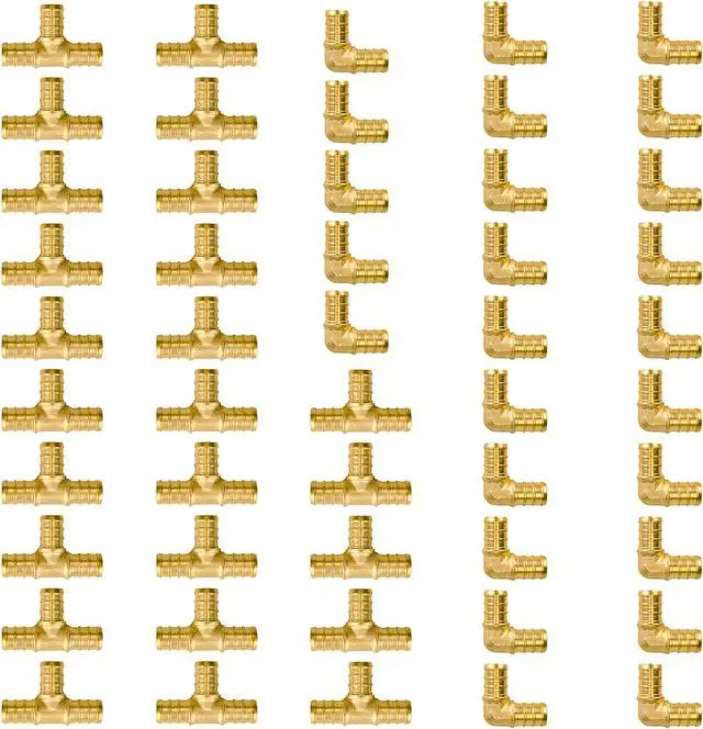 Main image of 1/2 inch Pex Fittings, 50-Pack Brass Crimp Fittings, 90 Degree Elbow (25 PCS) + Tee (25 PCS) Kit, No Lead Pipe Connector