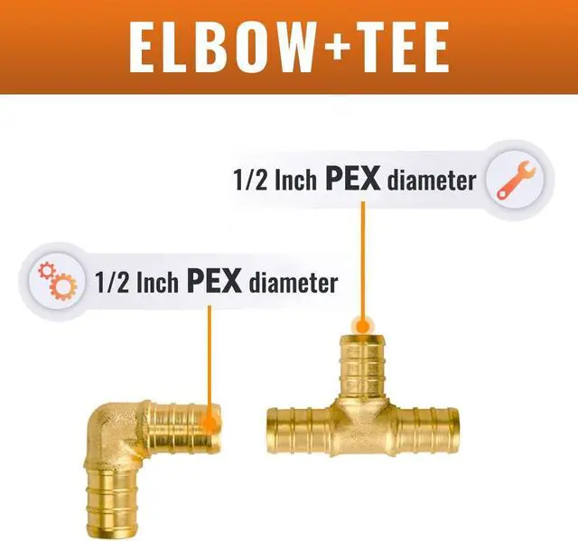 Alt view image 2 of 7 - 1/2 inch Pex Fittings, 50-Pack Brass Crimp Fittings, 90 Degree Elbow (25 PCS) + Tee (25 PCS) Kit, No Lead Pipe Connector