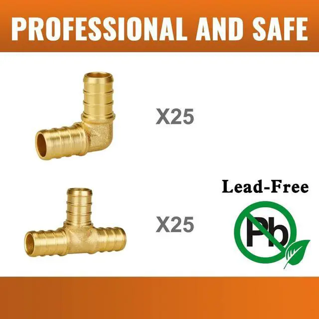 Alt view image 3 of 7 - 1/2 inch Pex Fittings, 50-Pack Brass Crimp Fittings, 90 Degree Elbow (25 PCS) + Tee (25 PCS) Kit, No Lead Pipe Connector