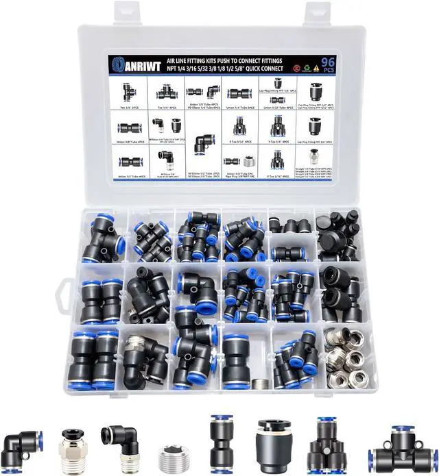 Main image of 96Pcs Quick Connect Air Hose Fitting Kit, NPT 1/4,3/16, 5/32,3/8,1/8,1/2,5/8" Push To Connect Fittings Air Line Pneumatic Fittings Kit Connectors for Automotive Car or Industrial Workshops