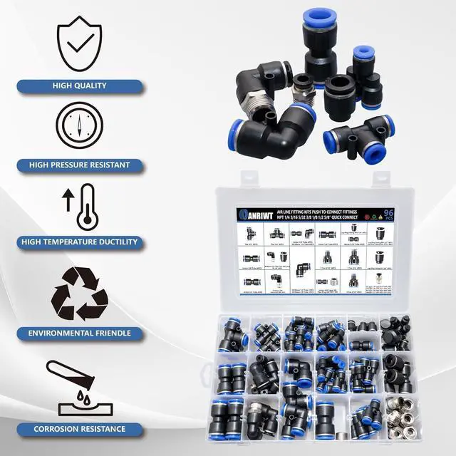Alt view image 6 of 7 - 96Pcs Quick Connect Air Hose Fitting Kit, NPT 1/4,3/16, 5/32,3/8,1/8,1/2,5/8" Push To Connect Fittings Air Line Pneumatic Fittings Kit Connectors for Automotive Car or Industrial Workshops