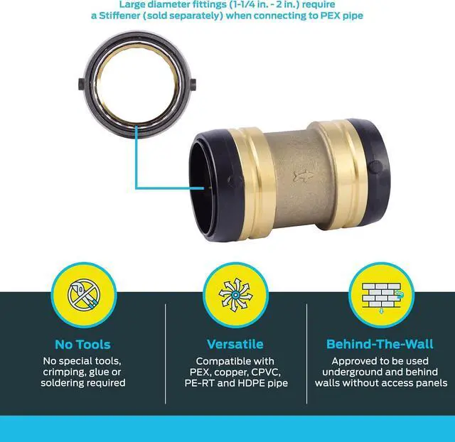 Alt view image 3 of 5 - 2 Inch Coupling, Push to Connect Brass Plumbing Fitting, PEX Pipe, Copper, CPVC, PE-RT, HDPE, UXL0154