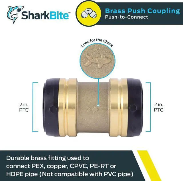 Alt view image 2 of 5 - 2 Inch Coupling, Push to Connect Brass Plumbing Fitting, PEX Pipe, Copper, CPVC, PE-RT, HDPE, UXL0154