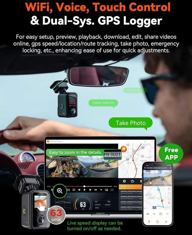 Alt view image 6 of 7 - E360 5.2K 360° Panoramic Dash Cam, 5GHz WiFi&GPS, Dual STARVIS 2, HDR,8 IR Night Vision, Front and Inside Dash Camera, LTE Support, Touchscreen, 24/7 Buffered Parking Mode, Support 512GB Max