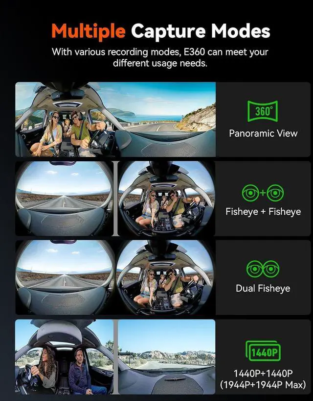 Alt view image 7 of 7 - E360 5.2K 360° Panoramic Dash Cam, 5GHz WiFi&GPS, Dual STARVIS 2, HDR,8 IR Night Vision, Front and Inside Dash Camera, LTE Support, Touchscreen, 24/7 Buffered Parking Mode, Support 512GB Max