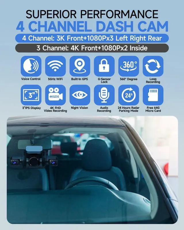 Alt view image 3 of 7 - Dash Cam 4 Channel Front and Rear Inside, 360° Car Camera 4K UHD, Dash Camera for Cars Built-in Wi-Fi GPS, Dashcam with 64GB Card, Voice Control, CPL Filter, WDR Night Vision, 24H Parking Mode(V8PLUS)