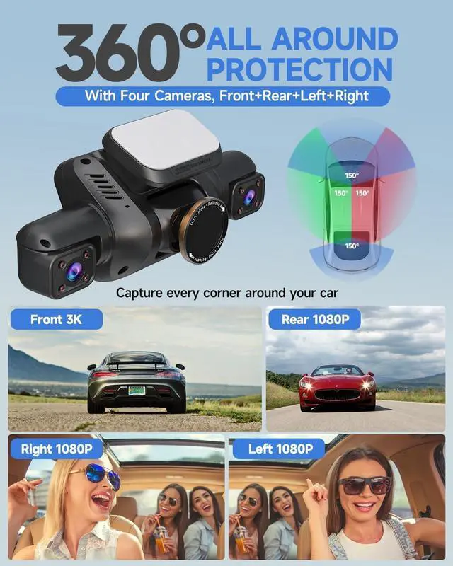 Alt view image 4 of 7 - Dash Cam 4 Channel Front and Rear Inside, 360° Car Camera 4K UHD, Dash Camera for Cars Built-in Wi-Fi GPS, Dashcam with 64GB Card, Voice Control, CPL Filter, WDR Night Vision, 24H Parking Mode(V8PLUS)