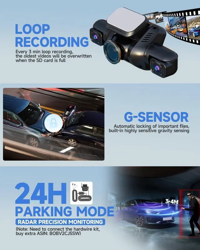 Alt view image 5 of 7 - Dash Cam 4 Channel Front and Rear Inside, 360° Car Camera 4K UHD, Dash Camera for Cars Built-in Wi-Fi GPS, Dashcam with 64GB Card, Voice Control, CPL Filter, WDR Night Vision, 24H Parking Mode(V8PLUS)