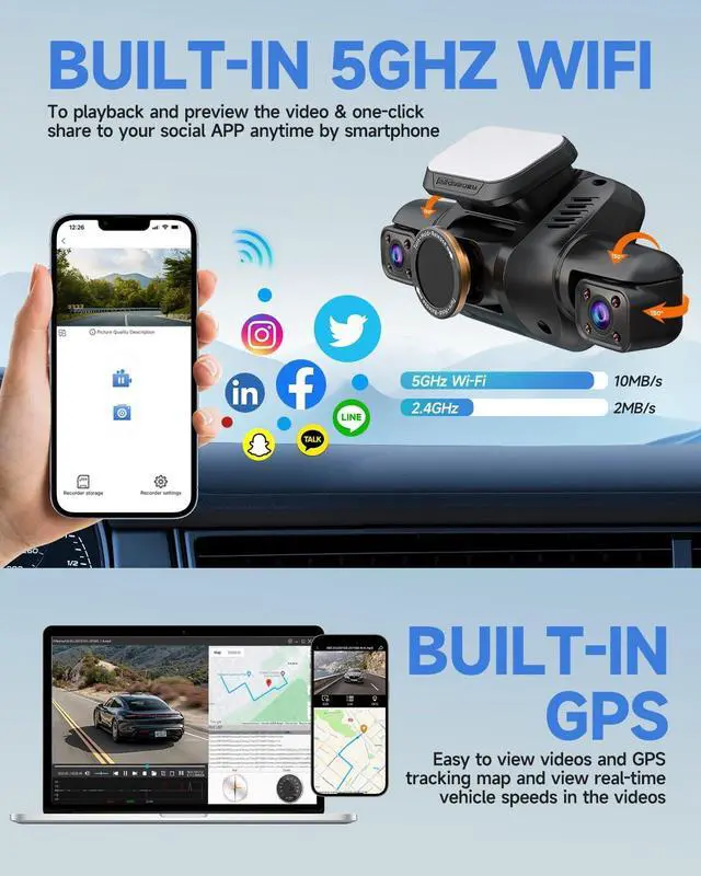Alt view image 6 of 7 - Dash Cam 4 Channel Front and Rear Inside, 360° Car Camera 4K UHD, Dash Camera for Cars Built-in Wi-Fi GPS, Dashcam with 64GB Card, Voice Control, CPL Filter, WDR Night Vision, 24H Parking Mode(V8PLUS)