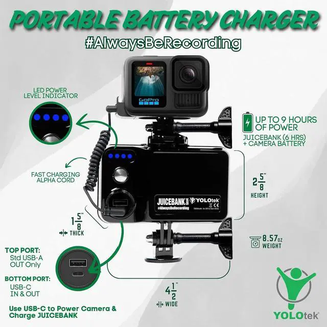 Alt view image 5 of 6 - 7800mAh - Veteran Owned - Portable Charger for GoPro Battery Pack Hero 13, 12, 11, 10, 9 DJI, Insta360, MEVO & More - Go Pro External Battery, Power Bank Camera