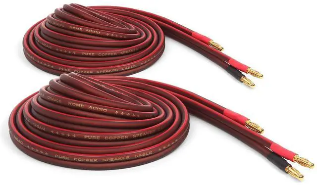 Main image of 14 Gauge Pure Copper Speaker Wire, 12 Feet (4 Meters 13.1ft Actual), 2 Pack Pair, Gold Plated Banana Plugs, Soldered Construction, Slim Design, 245 Strands, for Stereo or Home Theater