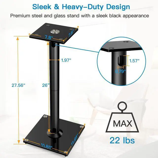 Alt view image 6 of 7 - Universal Floor Speaker Stands 26 Inch for Surround Sound Klipsch Sony Edifier Yamaha Polk & Other Bookshelf Speakers Weight up to 22lbs - 1 Pair