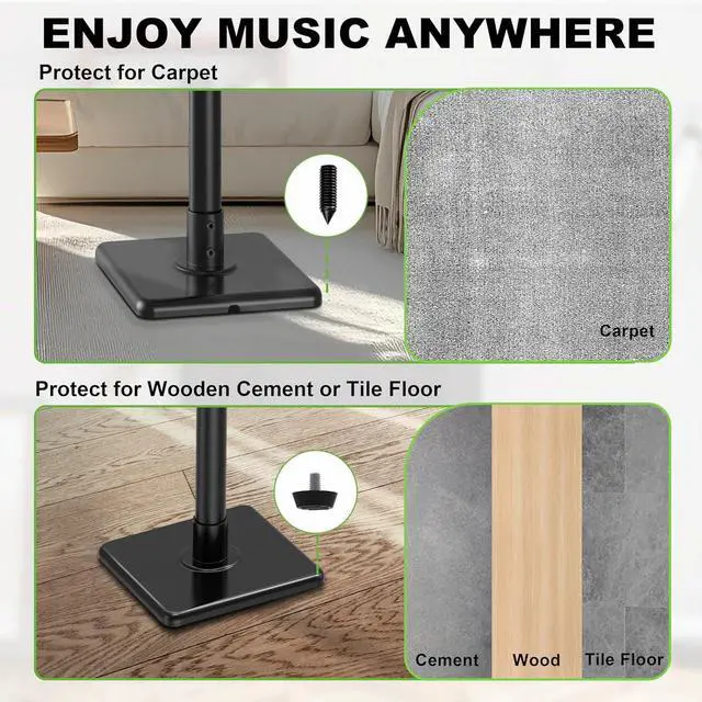 Alt view image 7 of 7 - Bookshelf Speaker Stands Pair, Height Adjustable Extends 32-42 inch for Rear Surround Sound Speakers, Floor Satellite Speaker Stands for Vizio Bose Sony JBL Klipsch Polk, Max Load 11 lbs