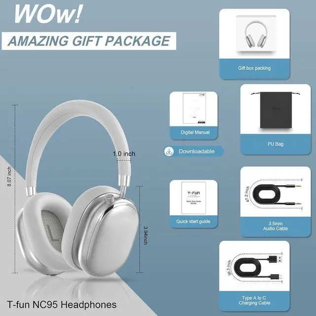 Alt view image 6 of 7 - NC95 Hybrid Active Noise Cancelling Headphones, Over Ear Headphones Wireless Bluetooth 5.3, Built-in Mic, 65H Playtime, App Control, Hi-Res Audio, Comfort Fit, Clear Calls for Travel/Workout
