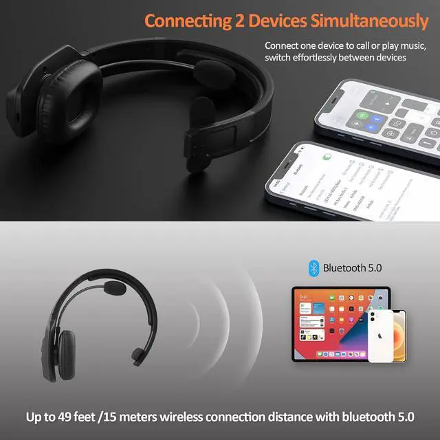 Alt view image 3 of 7 - Bluetooth Headset with Microphone, Trucker Bluetooth Headset with AI Noise Cancelling & Mute Button, Wireless On-Ear Headphones 60 Hrs Working Time, for Trucker Home Office Remote Work Zoom