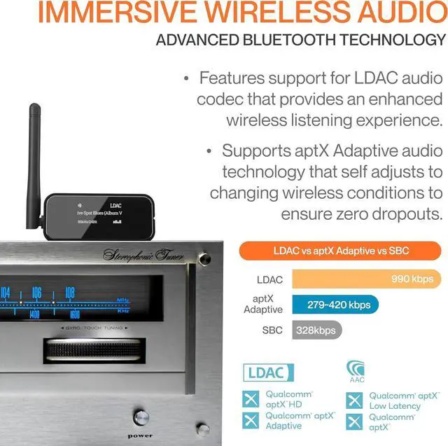 Alt view image 3 of 7 - HiFi Bluetooth 5.3 Music Receiver Long Range Bluetooth Adapter with Audiophile DAC, LDAC, aptX HD, OLED Display & Optical Coaxial AUX Output for Home Stereo, AV Receiver or Amplifier
