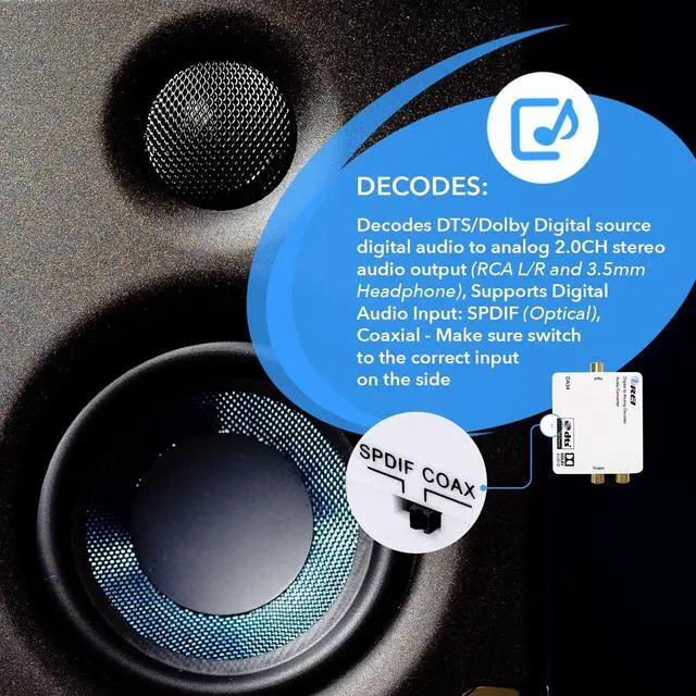 Alt view image 4 of 7 - Digital to Analog Audio Decoder by OREI, Convert & Decode Dolby Digital Audio SPDIF/Coaxial 5.1-Channel Input to RCA L/R/3.5mm Headphone Output Converter (DA34)