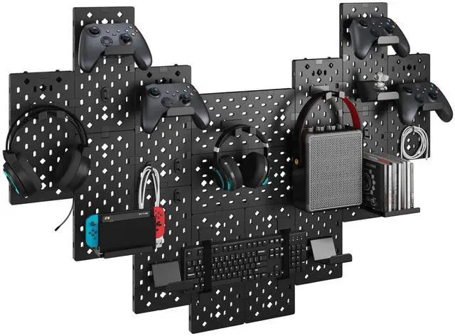 Main image of Controller and Headphone Holder Wall Mount, Modular Gaming Pegboard with Accessories, Controller Stand for Xbox PS5 PS4 Switch, Video Game Storage, Disc Shelf Organizer, 14pcs Pegboard, Black