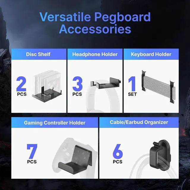 Alt view image 4 of 7 - Controller and Headphone Holder Wall Mount, Modular Gaming Pegboard with Accessories, Controller Stand for Xbox PS5 PS4 Switch, Video Game Storage, Disc Shelf Organizer, 14pcs Pegboard, Black