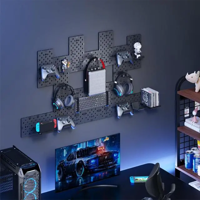 Alt view image 7 of 7 - Controller and Headphone Holder Wall Mount, Modular Gaming Pegboard with Accessories, Controller Stand for Xbox PS5 PS4 Switch, Video Game Storage, Disc Shelf Organizer, 14pcs Pegboard, Black
