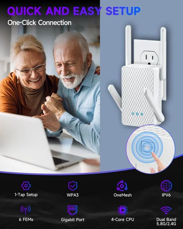 Alt view image 7 of 7 - WiFi 6 Extender Signal Booster for Home, AX3000 Internet Extender WiFi Booster Long Range up to 18k Sq.ft, Dual Band WiFi Repeater Wireless Amplifier with Ethernet Port, 1-Tap Setup, Onemesh